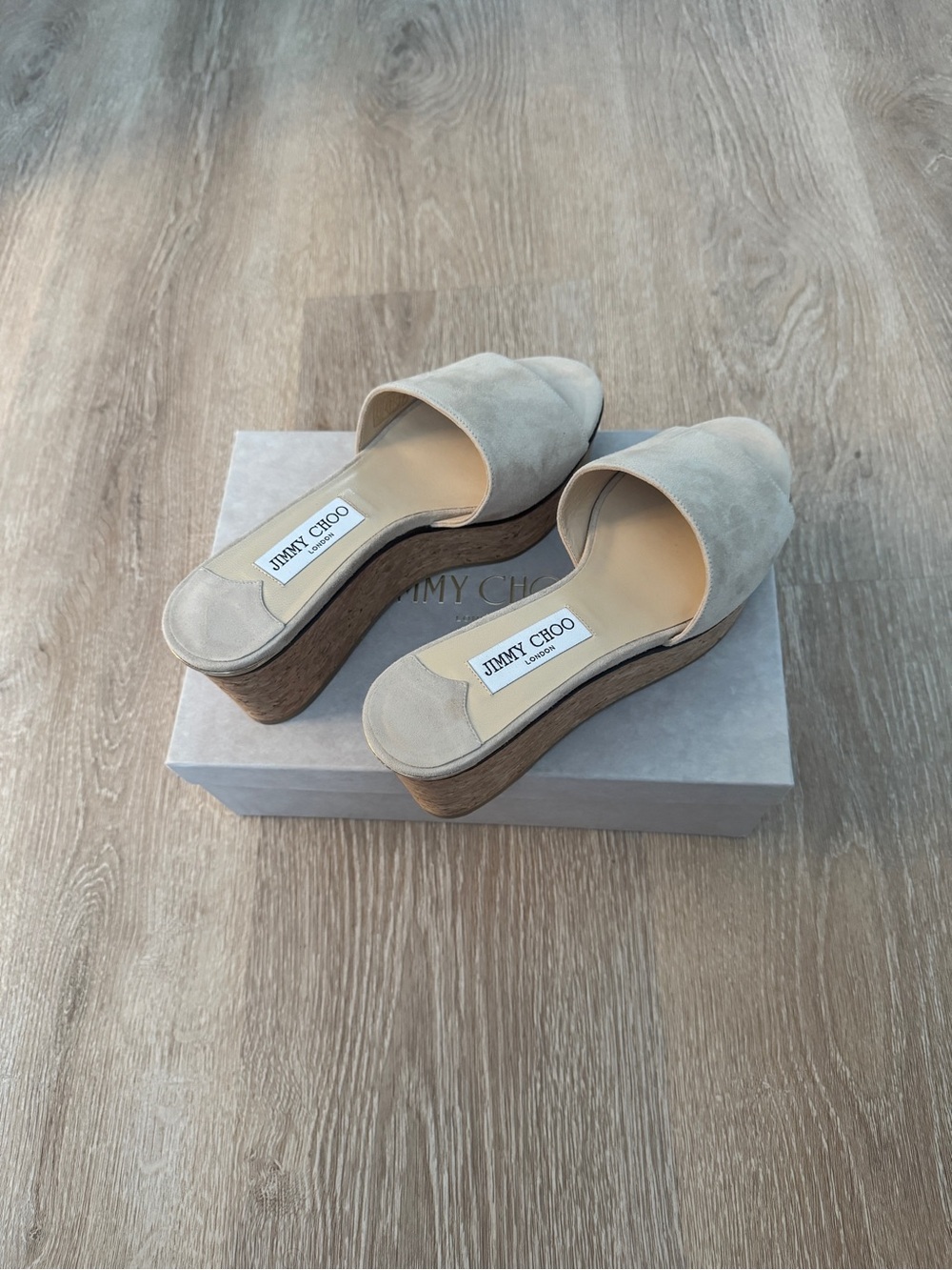 NWT Jimmy Choo Nude Suede Cork Wedge Slide Sandals